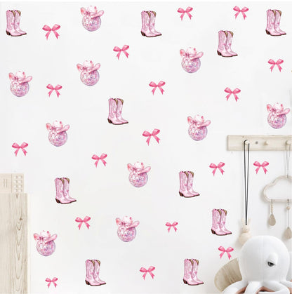 YIMEHDAN Pink Disco Ball and Boot Wall Decal, Westren Pink Cowgirl Vinyl Wall Stickers, Removable Wild West Girls Howdy Artwork for Teen Bedroom Dormitory Decor