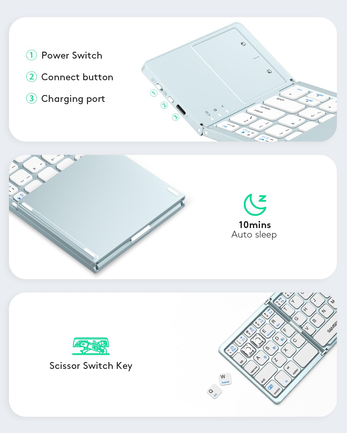 Samsers Foldable Bluetooth Keyboard with Touchpad - Portable Wireless Keyboard with Holder, Rechargeable Full Size Ultra Slim Pocket Folding Keyboards for Android Windows iOS Tablet & Laptop - Black