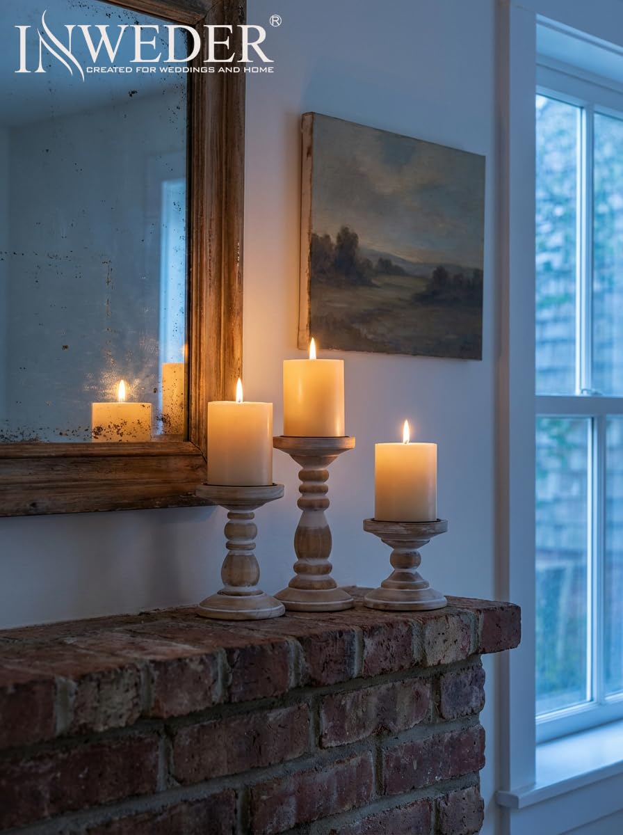 Inweder Wood Pillar Candle Holder: 3Pcs Rustic White Candle Holders for Pillar Candles Wood Candle Holders Distressed Wooden Farmhouse Candle Holder Large Rustic Candle Holder for Fireplace Table