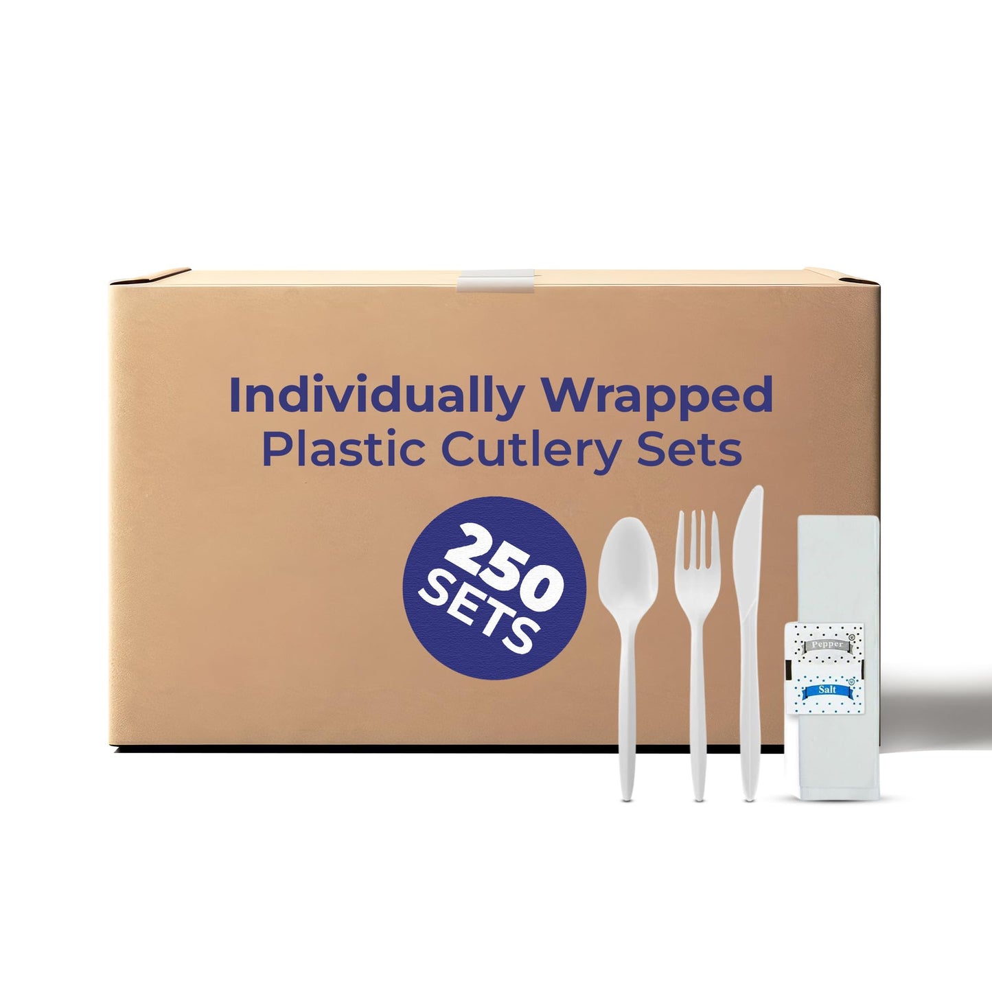250 Pack Individually Wrapped Cutlery Set, Dispobasble Utensils Sets, White - Includes Disposable Cutlery Forks/Spoon/Knife/Napkin/Salt & Pepper - 250 Sets
