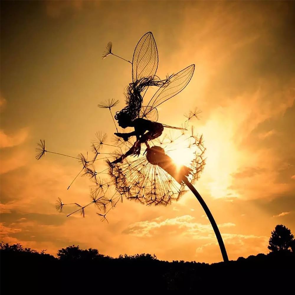 Fcteap Flower Fairy Dancing with Dandelion Garden Art Sculpture Stainless Steel Statue Christmas Halloween Decoration for Outdoor Yard Courtyard Lawn Patio Metal Ornaments (Hurdle)