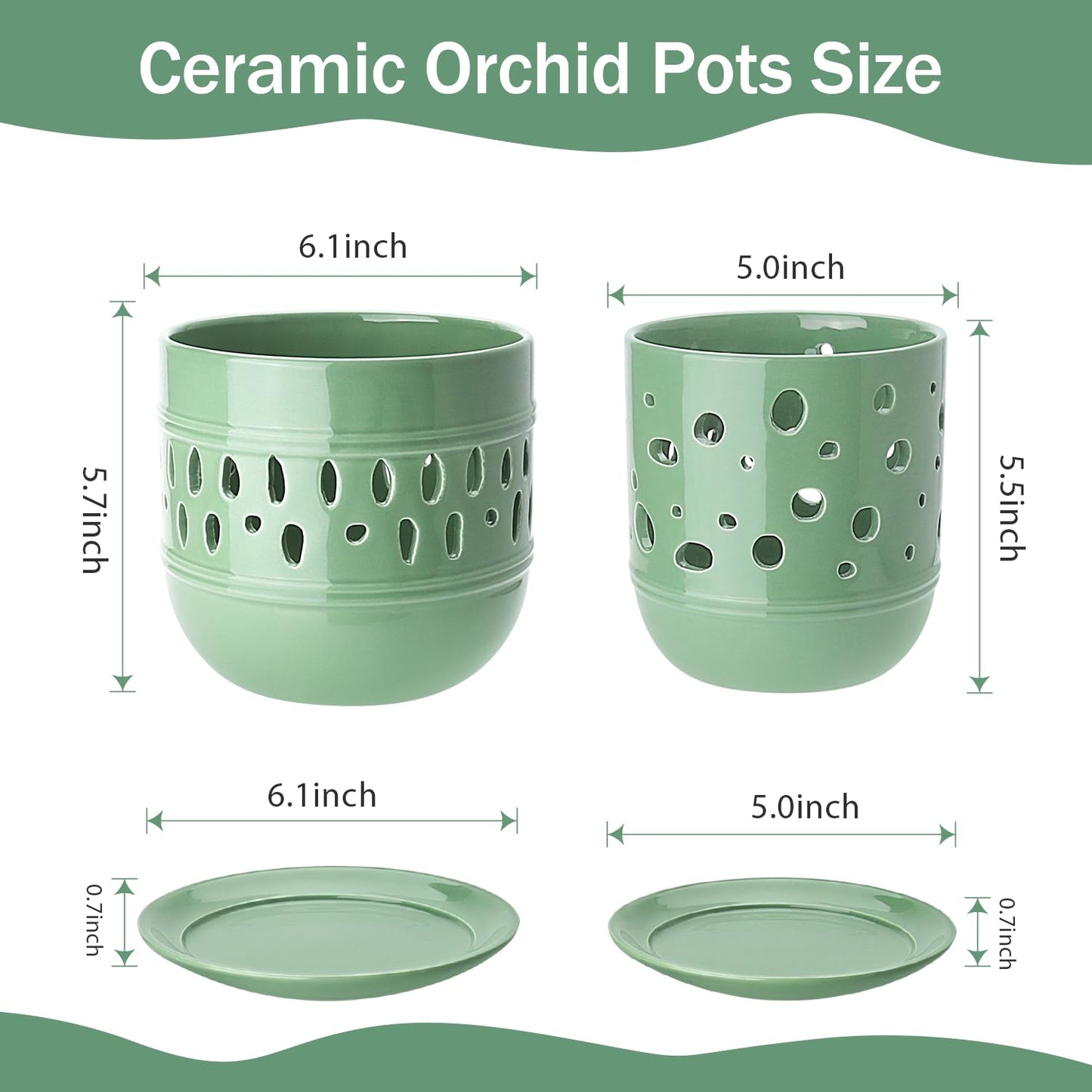 Orchid Pots with Holes, 5+6 Inch Large Orchid Pot with Drainage and Saucers, Ceramic Orchid Planter for Indoor/Outdoor Set of 2 Flower Pots - Pea Green