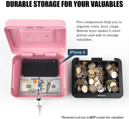 xydled Locking Steel Large Cash Box with Removable Coin Tray and Key Lock,9.84"x 7.87"x 3.54",Pink