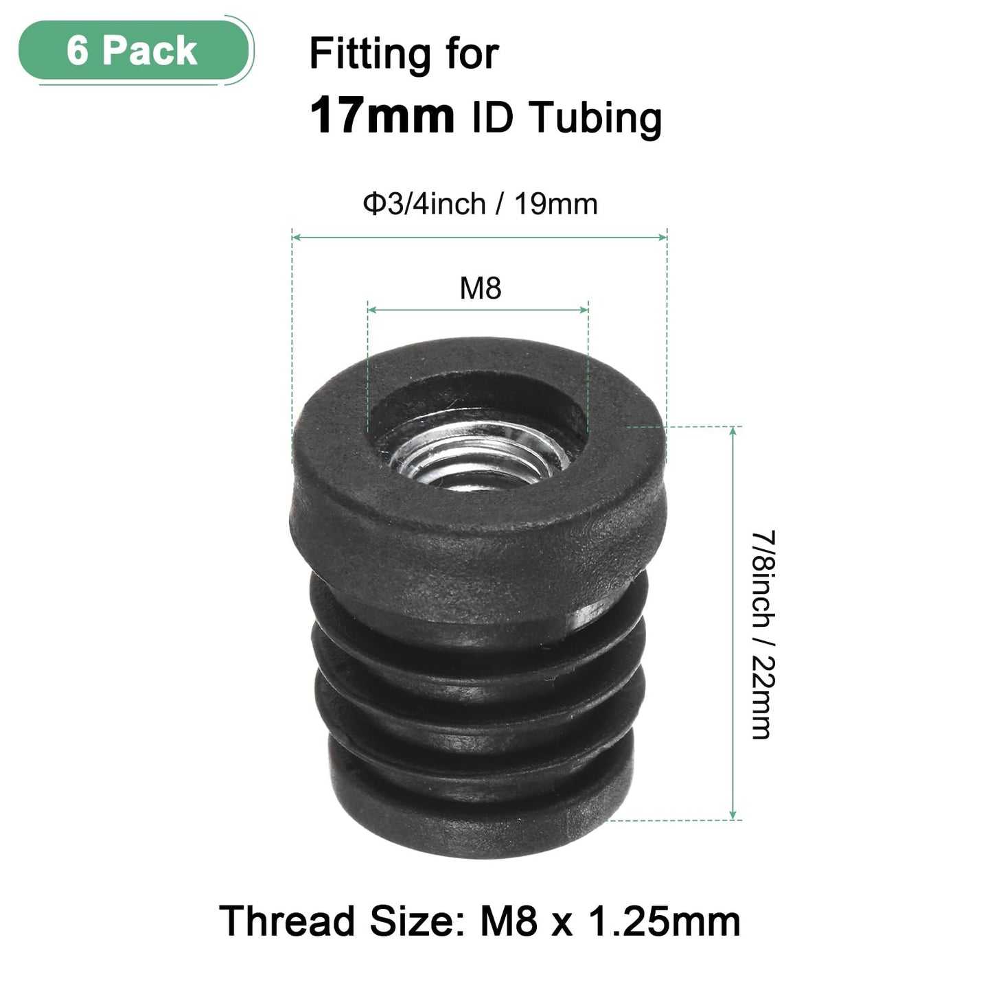 M METERXITY 6-Pack Inserts for Round Tubes with M8 Thread, 3/4" (19mm) OD Plastic Tube Insert for Chair/Table/Caster, Tubing End Cap Floor Protectors Metal Furniture Legs Glide Plug