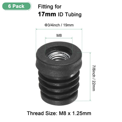M METERXITY 6-Pack Inserts for Round Tubes with M8 Thread, 3/4" (19mm) OD Plastic Tube Insert for Chair/Table/Caster, Tubing End Cap Floor Protectors Metal Furniture Legs Glide Plug