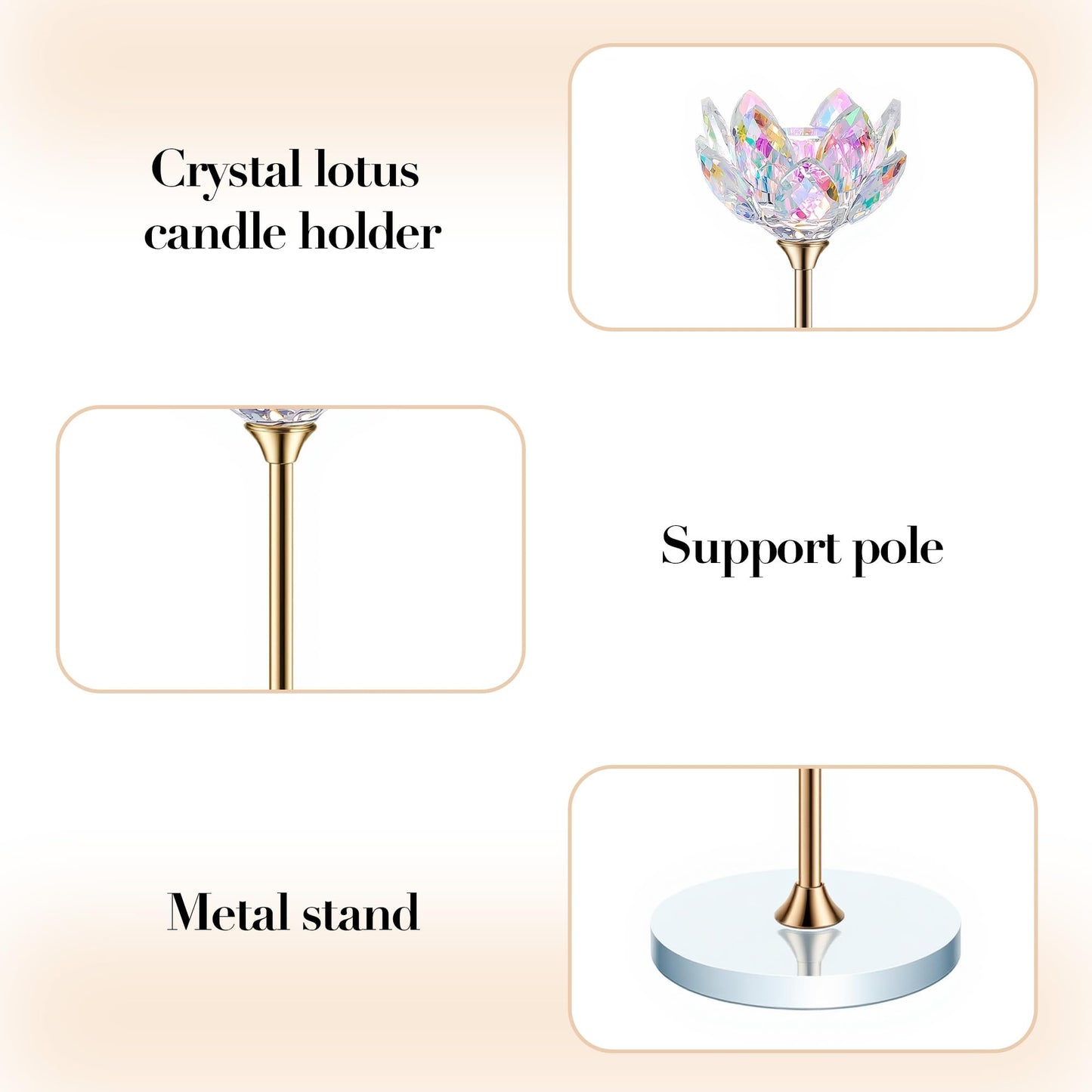 3pcs Crystal Candle Holders, Lotus Flower Candlestick Holders with Mirror Base, Metal Stand, Elegant Table Centerpieces for Home Decor, Wedding, Party (Taper Candle)