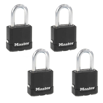 Master Lock Black Key Lock, Heavy Duty Weather Resistant Padlock with Cover, Keyed Alike Padlocks for Outdoor Use, 4 Pack, M115XQLF