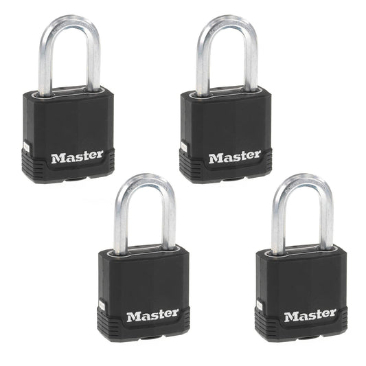 Master Lock Black Key Lock, Heavy Duty Weather Resistant Padlock with Cover, Keyed Alike Padlocks for Outdoor Use, 4 Pack, M115XQLF