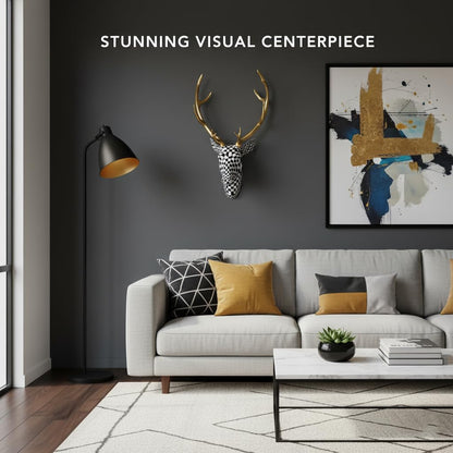 XYZWOMN Deer Head Wall Decor, 15.7 Inch Faux Resin Animal Head Wall Mount with Gold Antlers, Modern Mosaic 3D Wall Art Sculpture for Living Room Bedroom Home Decoration, Black and White
