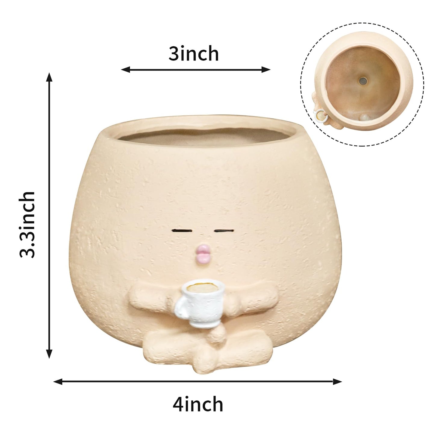 Toparad Smily Face Planter Pot with Coffee Cup Cute Resin Flower Head Planters for Indoor Outdoor Unique Sit Succulent Pots with Drainage Hole Gift IdeaI for Mother Christmas (Khaki)