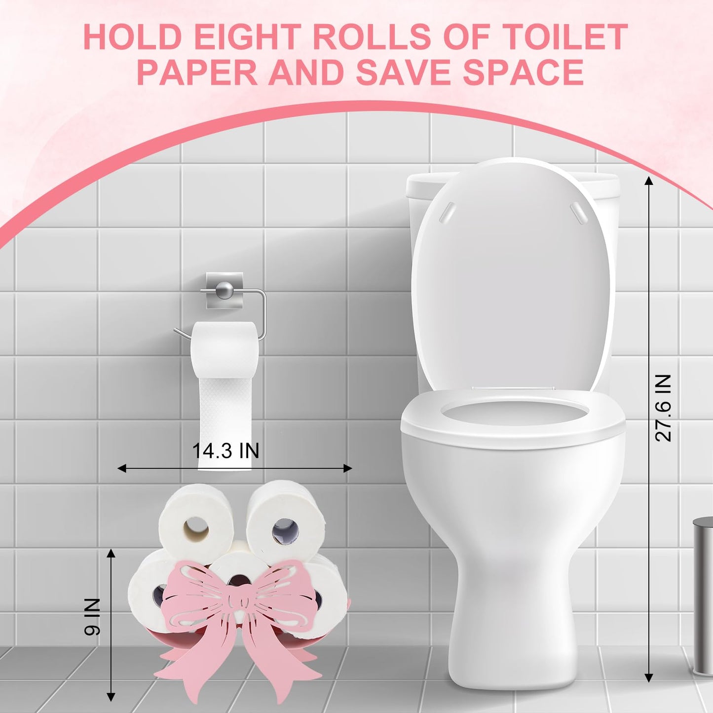 Geelin Bow Metal Toilet Paper Storage Holder Wedding Bow Bathroom Decor 8 Rolls Decorative Toilets Paper Holder Wall Mounted for Bathroom Kitchen Bedroom Coquette Home Decor(Light Pink)