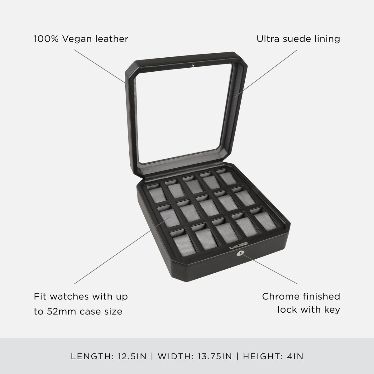 WOLF Windsor 15-Piece Watch Box, Black - Features 15 Watch Compartments & Vegan Leather Exterior
