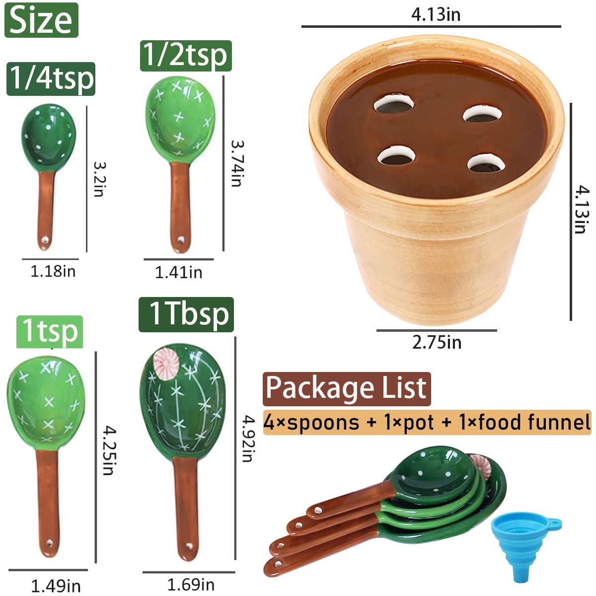Cactus Measuring Spoons Set in Pot Unique Measuring Cups and Spoons for Coffee Salt Sugar Novelty Cute Baking Gifts Dishwasher Safe Ceramic Measuring Spoons Green