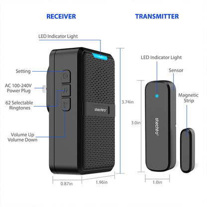 STECHRO Wireless Door Chime, 600Ft Range 5 Adjustable Volume 1 Magnetic Door open Contact Alarm with 62 Chimes Mute Mode Door Bell Plugin Receiver for Home/Office/Store (Black)