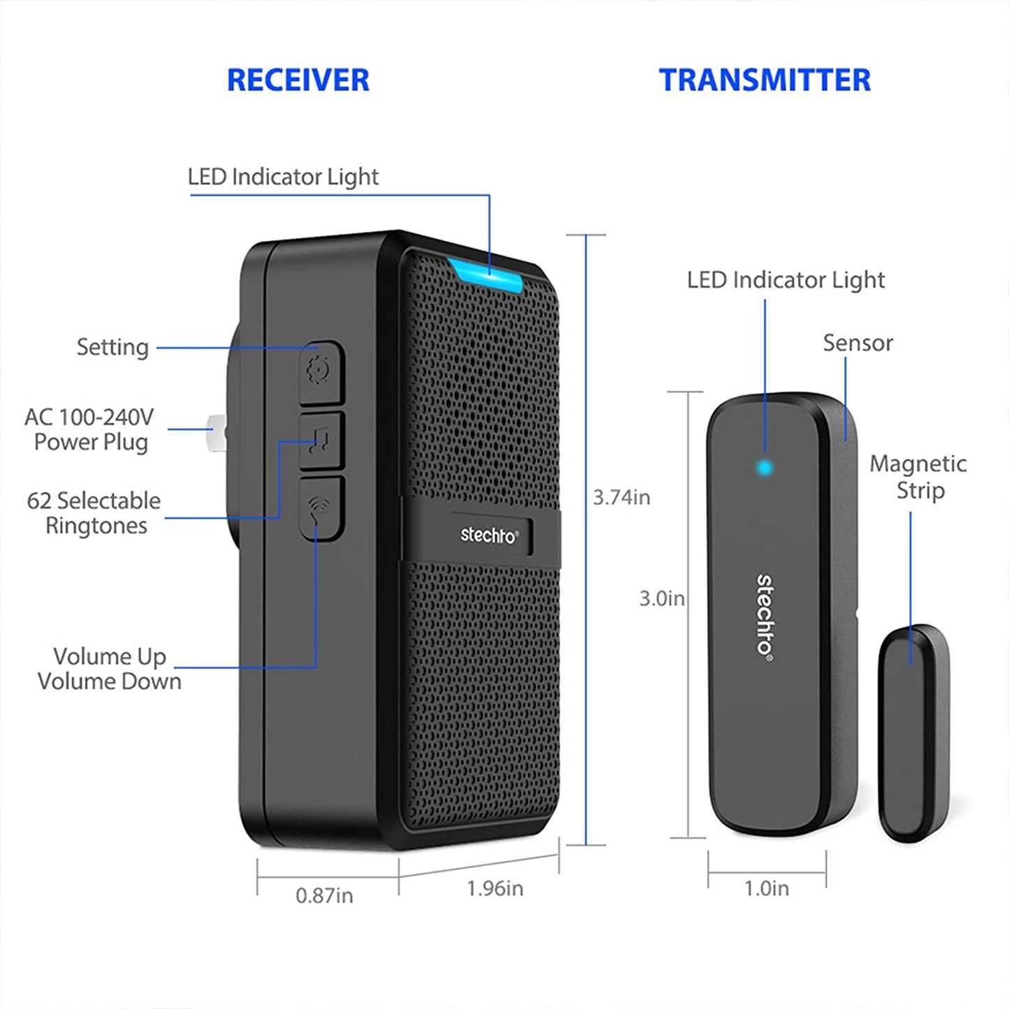 STECHRO Wireless Door Chime, 600Ft Range 5 Adjustable Volume 1 Magnetic Door open Contact Alarm with 62 Chimes Mute Mode Door Bell Plugin Receiver for Home/Office/Store (Black)