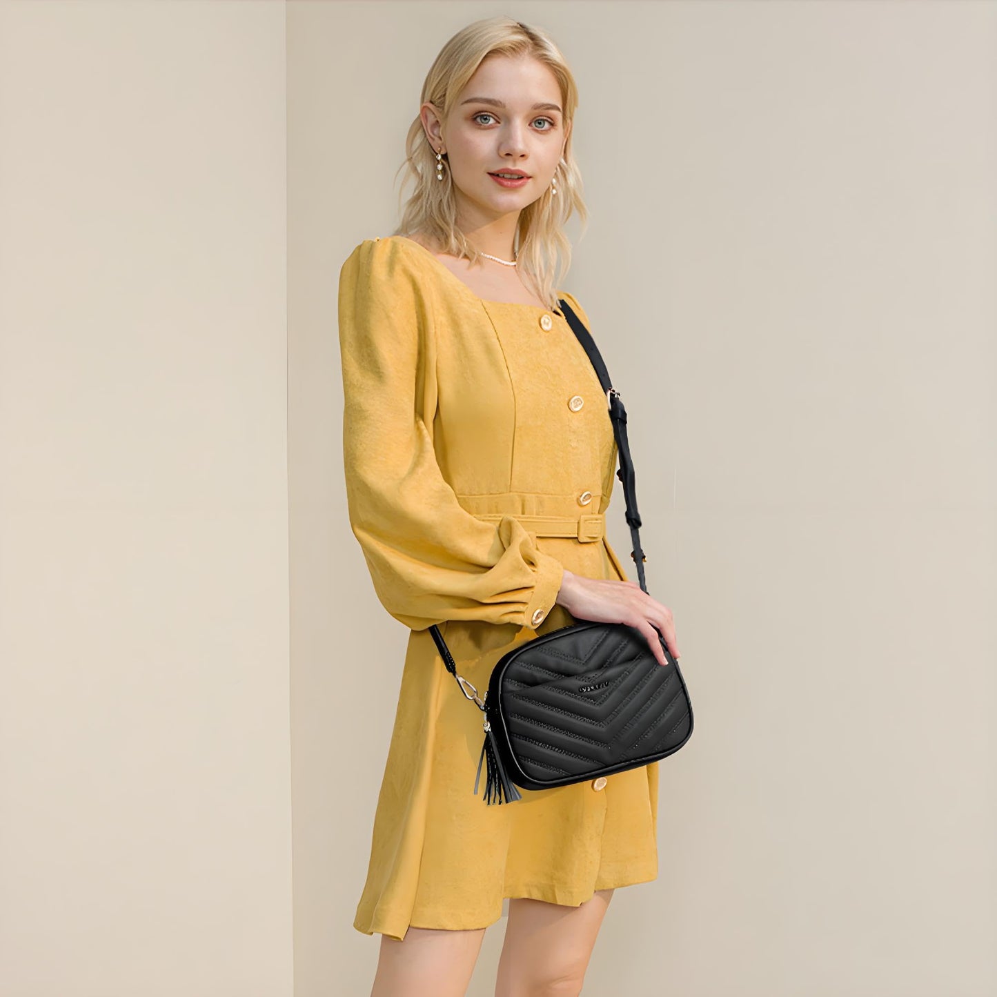 Miss Lulu Women's Small Black Crossbody Shoulder Bag with Adjustable Strap - PU Leather, V-Shaped Pattern & Tassel Detail