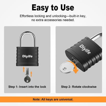 Diyife Padlock with Key, [2 Pack] [3 Keys] Locker Lock with Keys Alike, 5-Pin 41.6mm High Security Keyed Padlock with 1/4 Inch Hardened Steel Shackle, Outdoor Locks for Gym Locker, Fence, Gate, School