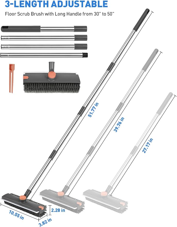 Floor Scrub Brush with Long Handle, 3 in 1 Multi-Angle Heavy Duty Stiff Bristle