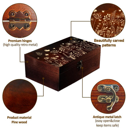 arricraft 1 Pc Wooden Memory Keepsake Box, Wildflower Cluster Butterflies Engraved Pattern Rectangle Pine Tarot Box for Anniversary Jewelry Board Storage (9.45x5.51x3.54 Inch)