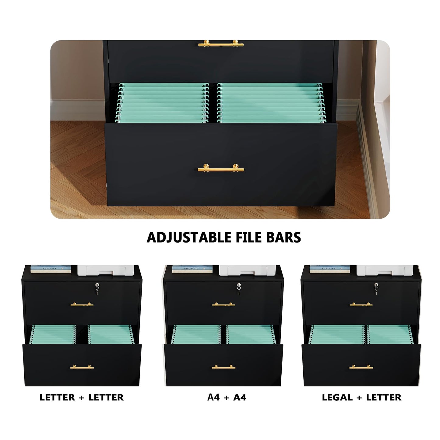 GFGWXW 2 Drawer Lateral File Cabinet with Lock, Suitable for Letter/A4/F4/Legal Size Hanging Files,Large Wood Filing Storage Cabinets Printer Stand for Home Office,Black