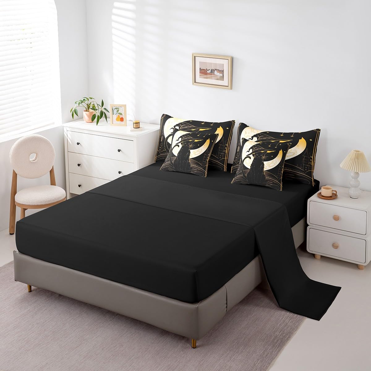 Feelyou Halloween 7 Piece Bedding Set Twin Size for Kids Boys Girls Teens Black Cat Bed in a Bag Moon Star Pattern Comforter Set with Sheets Cute Animal Bed Set