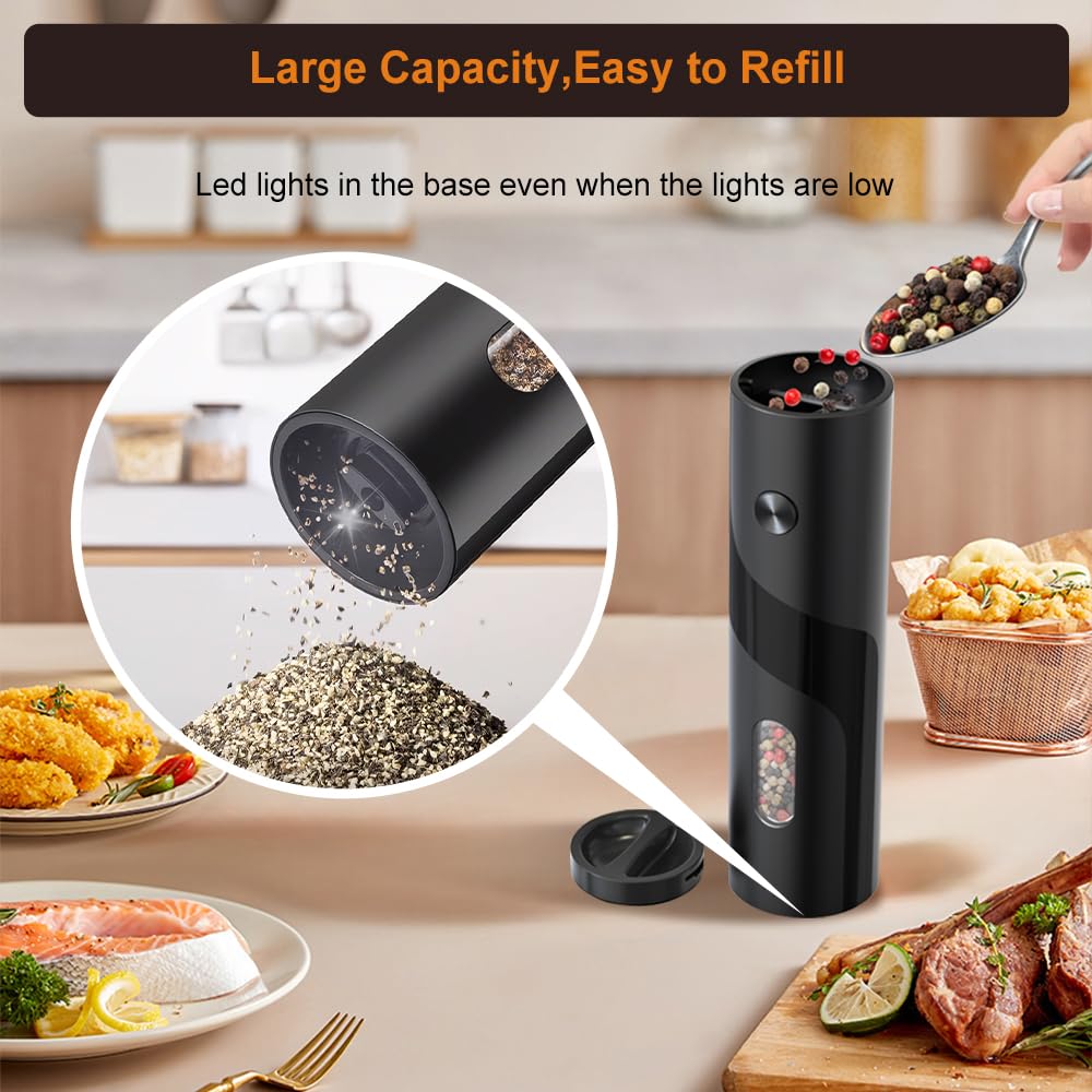 JIDSPWLS Electric Pepper or Salt Grinder Mill,Automatic Pepper Mill with LED Light,Battery Powered Automatic Pepper Grinder,Refillable and djustable CoarsAeness Pepper Grinder(1 pack Black)