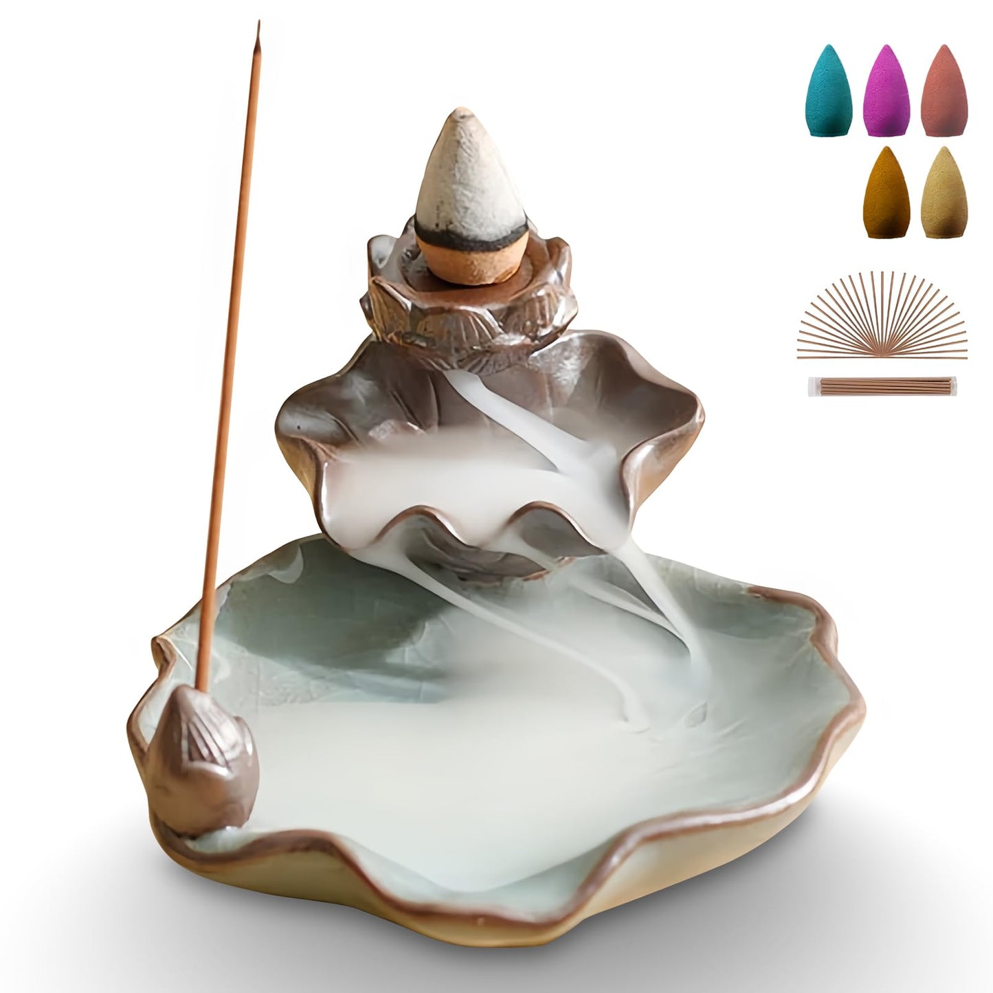 Waterfall Incense Burner, Lotus Backflow Incense Holder Ceramic Censer Cones Sticks Porcelain Holder for Home Décor, Meditation, Yoga, Spiritual Rituals (Light Blue)