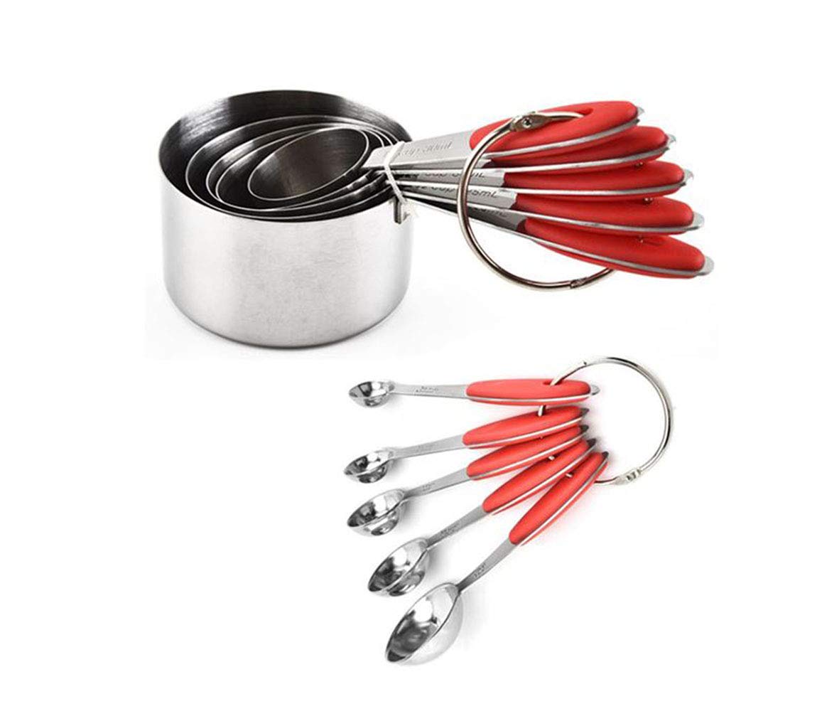 Measuring Cups and Spoons Set with Silicone Handle, Set of 10 Including Stainless Steel 5 Measuring Cups & 5 Measuring Spoons. Widely Used Cooking Baking Measurement as Kitchen Gadget.