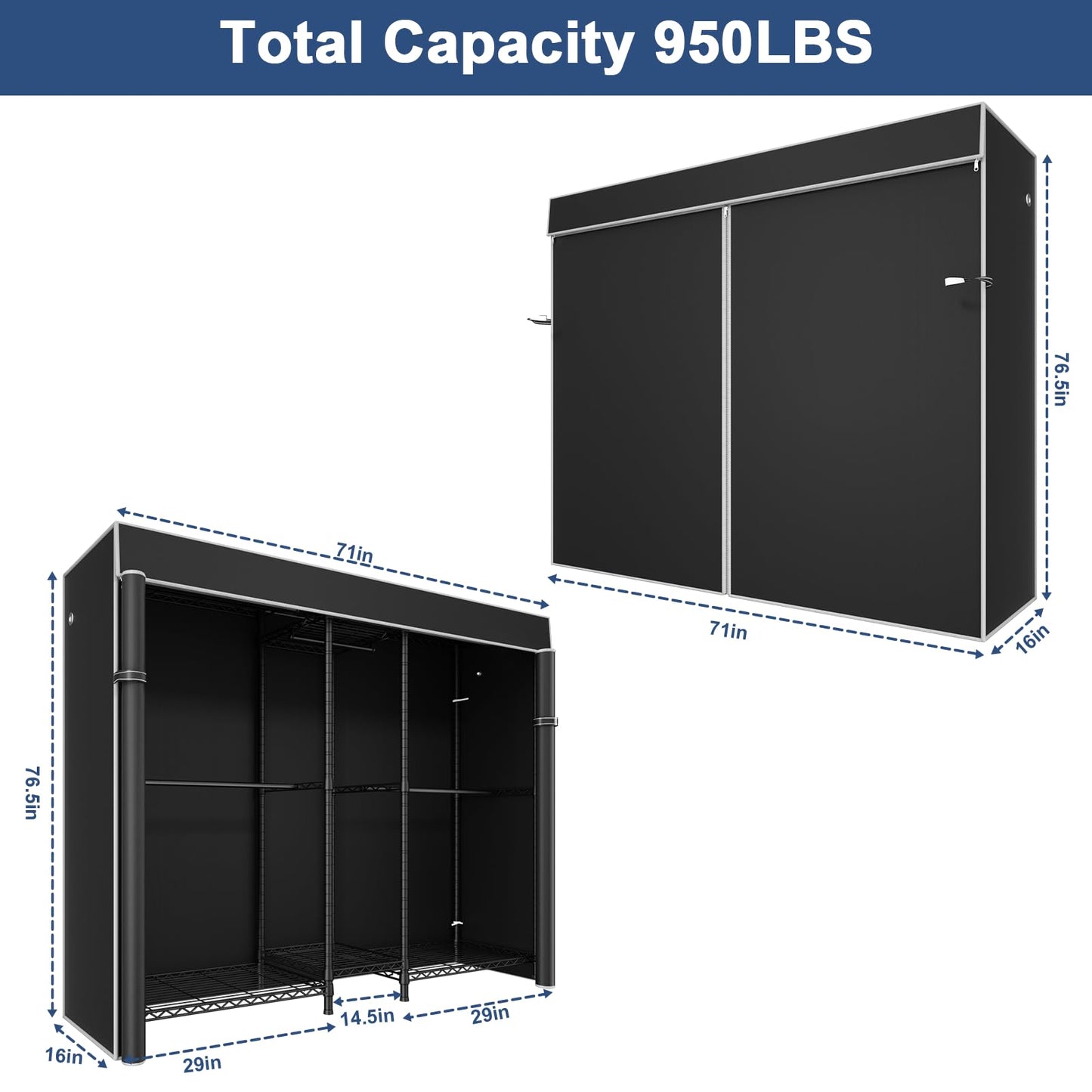 Ulif E12C Pro Heavy Duty Closet Organizer System，Freestanding Clothing Rack, Adjustable Garment Rack 71" W x 16" D x 76.5" H Holds 960 lbs, Black Rack with Black Dustproof Cover