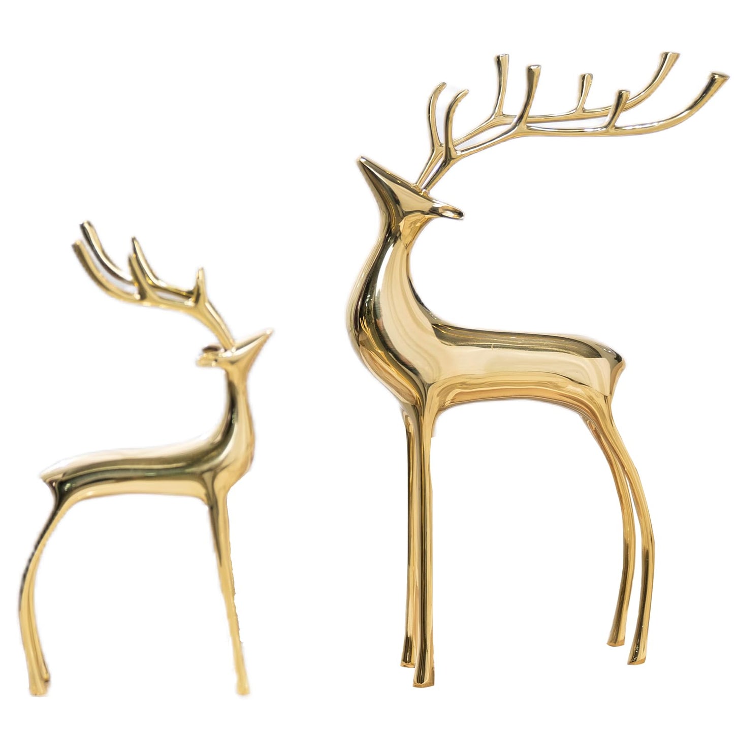 Reindeer Figurine Statues Deluxe Set of 2, Christmas Deer Pure Copper Heavy Reindeer Ornaments for Home Decor Accents Living Room Office Bookself Tabletop Mantle Christmas Decoration, Gold