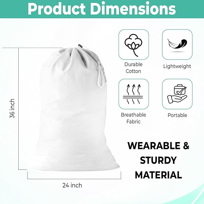 2 Pack - Extra Large Cotton Laundry Bag, Heavy Duty Large Laundry Bags 24 x 36