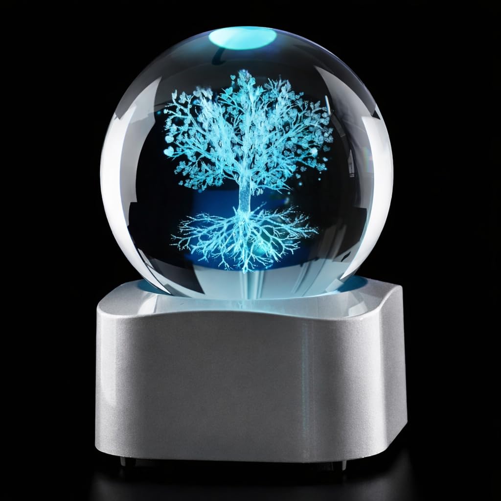 Zerelys 3D Tree of Life Crystal Ball Night Light for Women Men Boys Girls, 3.15 Inch LED Crystal Lamp with Automatic Rotating Light Led Base, Birthday Gift for Kids, Bedroom Decor with Gift Box