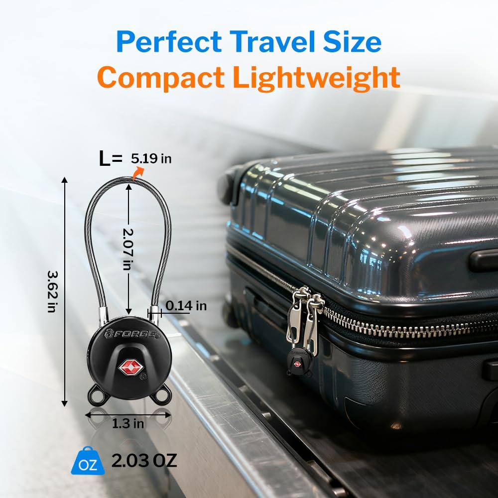 FORGE TSA Approved Luggage Locks Keyed Alike, TSA006 Dimple Key Travel Lock with Zinc Alloy Metal Body, Secure Cable Lock for Suitcase, Backpack, Luggage & Toolbox, Black 2 Pack.