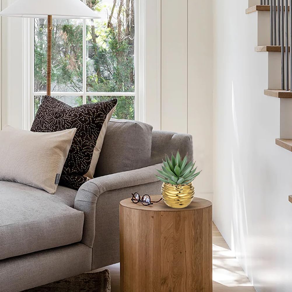 Briful Artificial Succulent Plant in Gold Pot, 8.3” Tall Faux Agave Plants, Realistic Aloe Fake Plant Indoor for Home Office, Farmhouse Shelf, Desk, Living Room, Bathroom