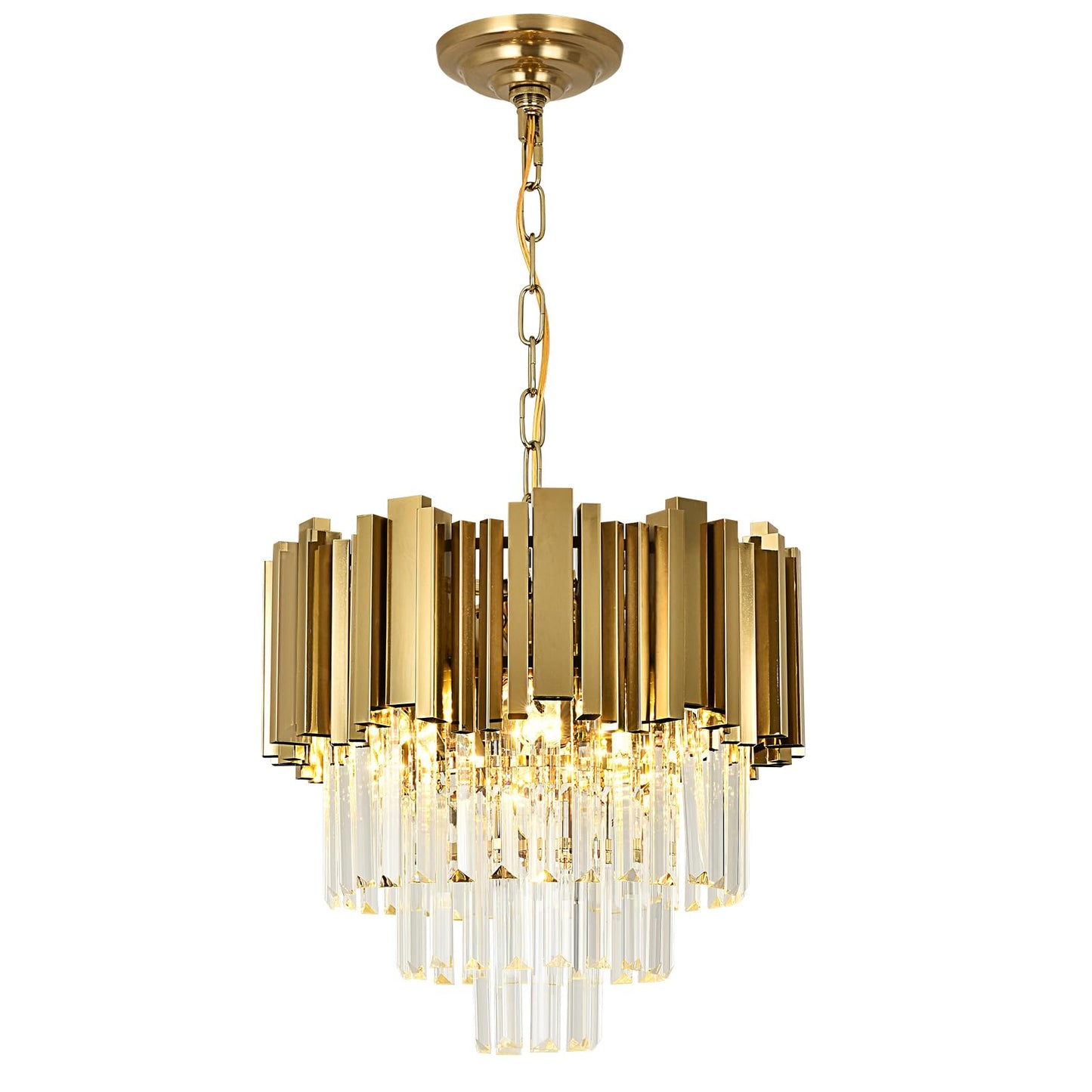 AOOCHOK Modern Crystal Chandelier Gold Pendant Light Fixtures, Small Crystal Pendant Lighting for Entryway, Corridor, Balcony, Porch, Restaurant, Door Opening, E26 x 3, Φ16inch