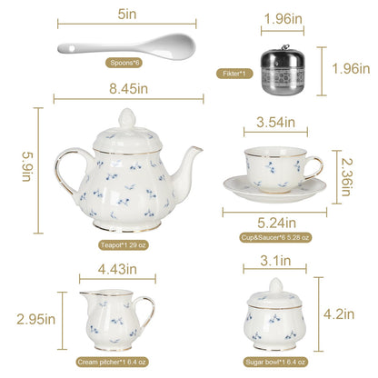 Sweejar 23 Pcs Floral Tea Sets with Metal Holder, Relief Gold Rim Porcelain Tea Sets for Adults, Cup and Saucer Set for 6, with Teapot, Sugar Bowl, Milk Jug, Spoons (Blue Flower)