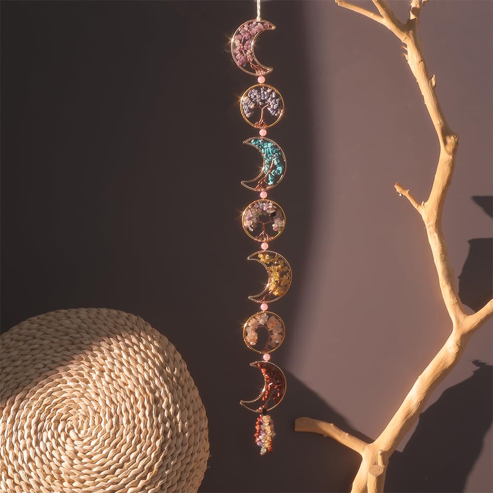 Chakra Wall Decor Tree of Life Crystal Stones Moon Wall Ornament Natrual Gemstones Hanging 7 Chakra Healing Crystals with Tumbled Tassel Suncatcher for Home Yoga Meditation Gift (Moons and Circles)