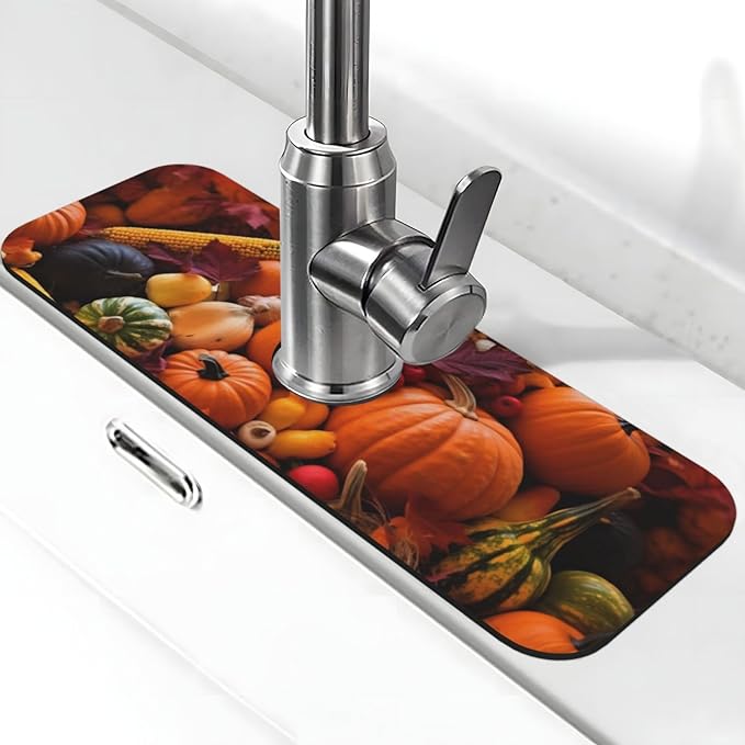 Kitchen Sink Splash Guard Faucet Mat Autumn Fall Pumpkin 15"x5.5", Diatom Mat