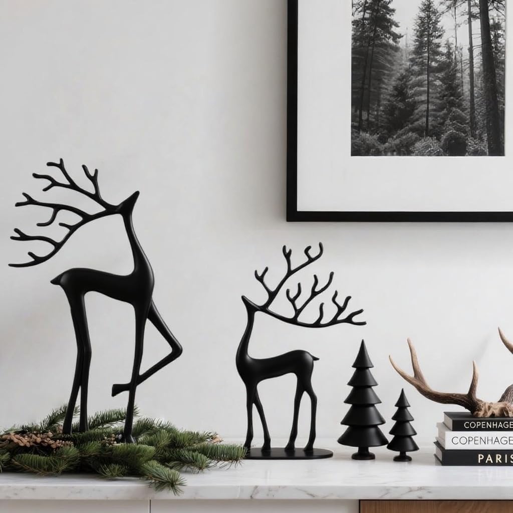 Remenna Modern Reindeer Statues Set of 2 Cast Aluminum Black Deer Sculpture Accent Figurine, Decorative, Christmas Tabletop Ornaments for Mantel Fireplace Living Room Bedroom Home Decor