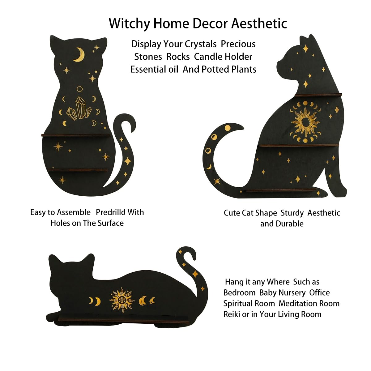 Artilady Crystal Shelf Display - 3 PCS Black Cute Cat Floating Shelves for Halloween Wall Bedroom Decor Display Shelf for Crystals and Stones Witchy Room Decorations Gift for Cat Lover
