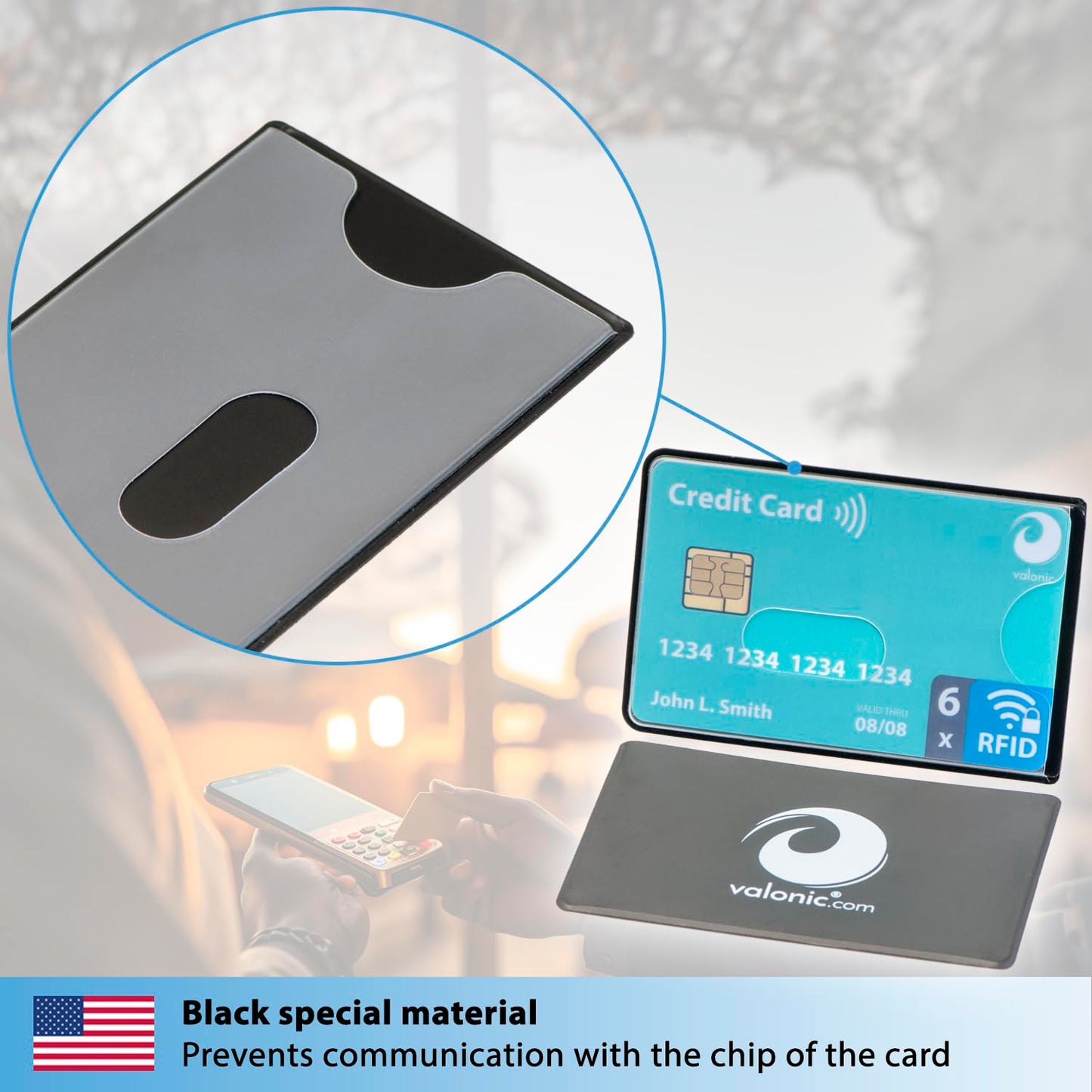 valonic set of 6 RFID blocking sleeves - transparent front, Credit Card Protector sleeve for wallet - Protection block for Debit Card and Metro Card