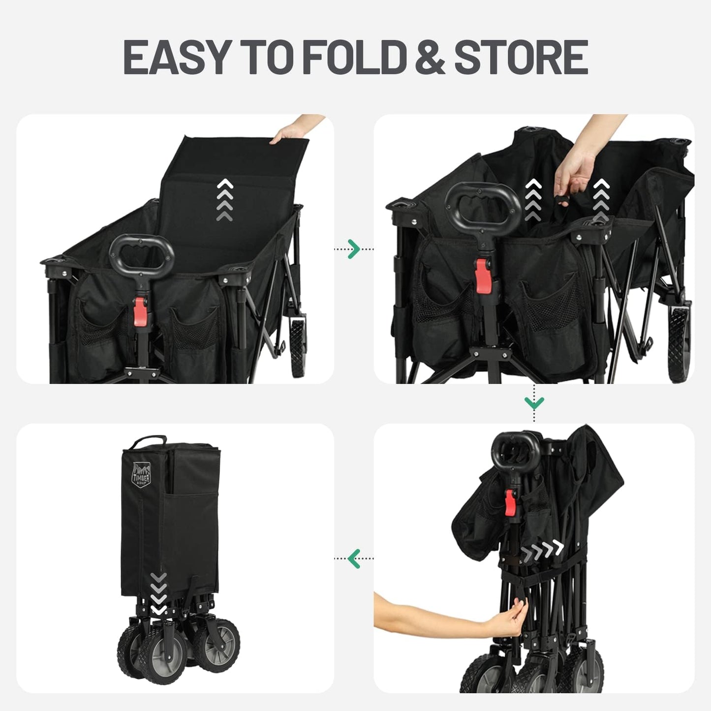 TIMBER RIDGE Festival Trolley on Wheels, 200L Folding Camping Wagon with Adjustable Handle & Cup Holder, Collapsible Beach Cart Foldable for Outdoor Garden Picnic Shopping 100KG Capacity, Black