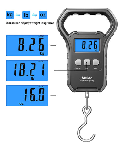 Meilen Fish Scale,110lb/50kg,Hanging Luggage Scale, Fishing Wighting Divice with Backlit LCD Display, Measuring Luggage Weight for Suitcase, Large Handle, Digital Postal Scale Fishing Gifts for Men