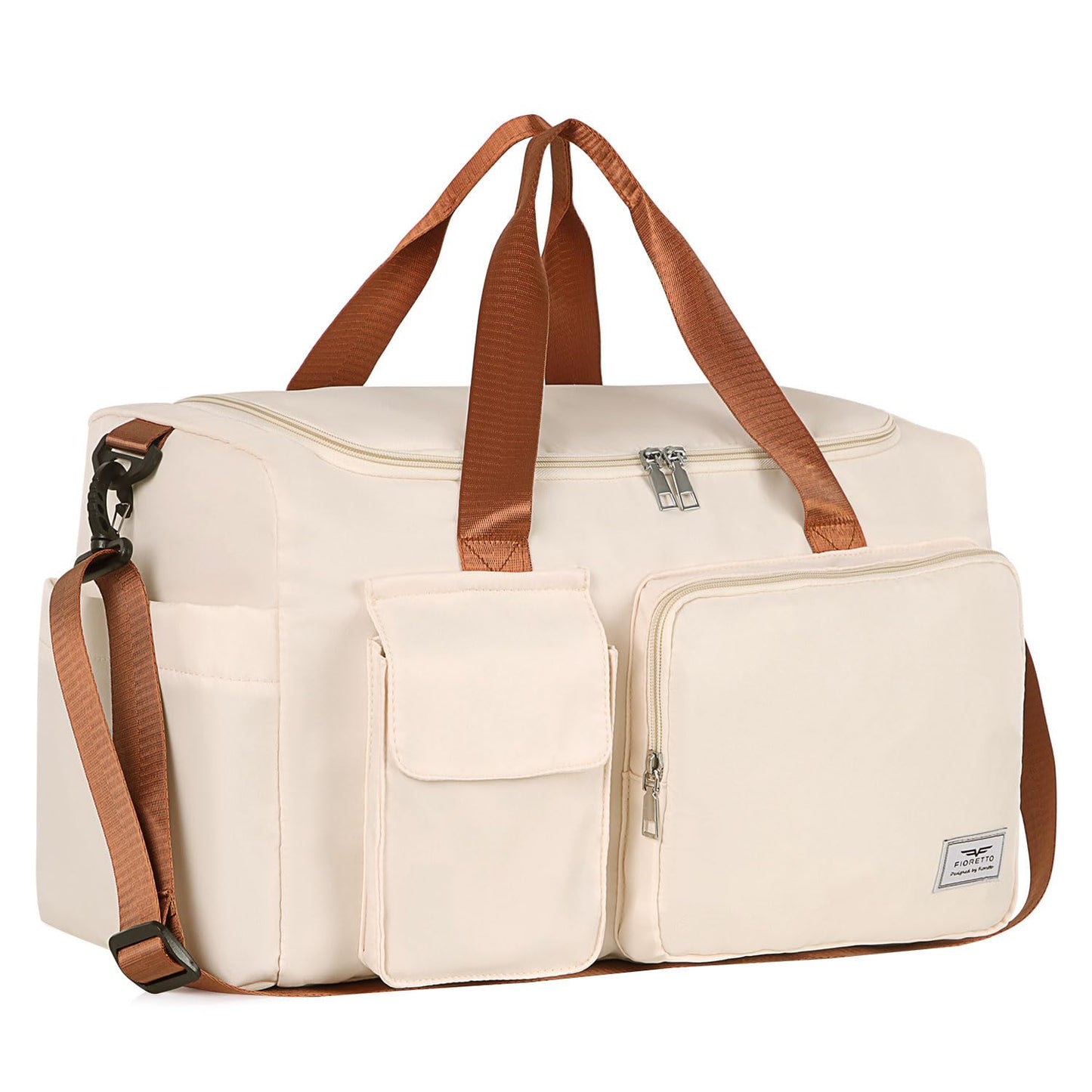 FIORETTO Women's Gym Duffle Bag with Shoes Compartment, 30L Capacity, Ideal for Travel, Gym, Sports, Duffel, Weekender, Beige& Brown