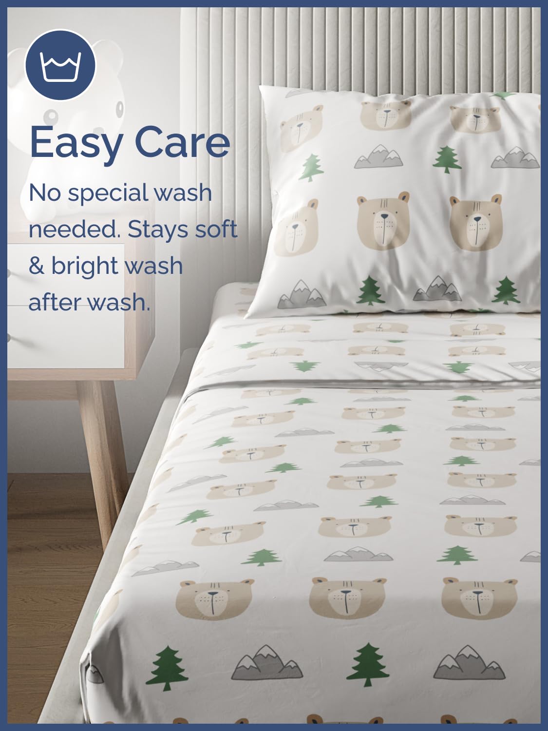 Kids Queen Size Bed Sheet Set - 4 Piece Kids Loft Bed Sheets - Bear Forest Nature Themed Bedding - Soft, Cute - Breathable and Machine Washable - Cute Animal Bed Set for Boys, Girls, Teens & Toddlers
