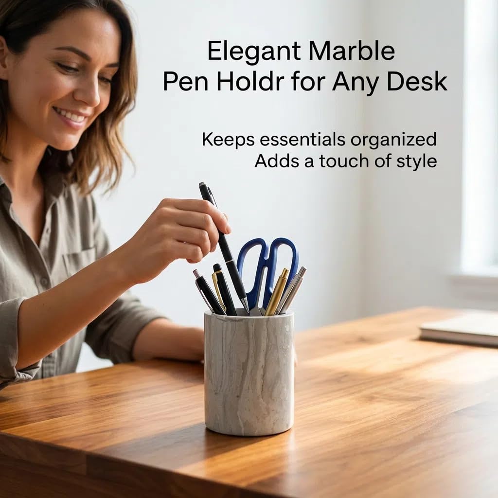 EEJHJNZZ Natural Marble Pen Holder for Desk, Handmade Organizer for Stationery & Makeup Brushes, Sturdy, Classic Grey Office Desk Decor and Gift Idea