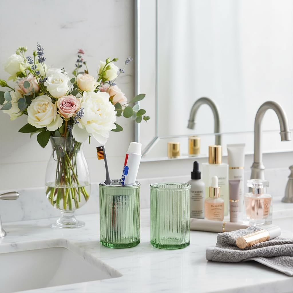 Tonxus Green Toothbrush Holders for Bathrooms, 2pcs Glass Toothbrush Holder and 12oz Bathroom Tumbler Cup Set, Silver Tooth Brush and Toothpaste Organizer for Bathroom Vanity Countertop
