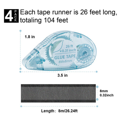 Glue Tape for Scrapbooking, Pack of 4 Scrapbook Tape, Double Sided Tape Roller for Crafts, 26 Ft x 0.31 In Tape Runner, Journaling Supplies, Craft Supplies for Scrapbooking, Gift Wrapping, Photo Tape.