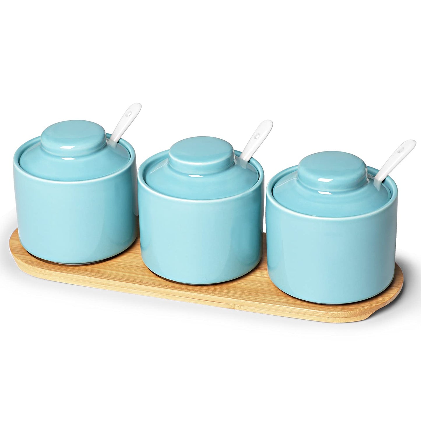 ONTUBE Ceramic Condiment Jar Set of 3 with Tray, Condiment Pot 8oz (Turquoise)