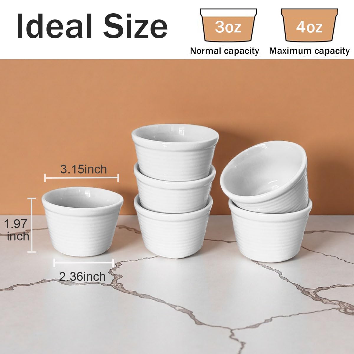 TANZOIJI Ceramic Ramekins Set of 6, 4 oz White Porcelain Creme Brulee Dishes, Round Oven Safe Custard Cups for Baking, Pudding, Souffle, Dipping Sauce
